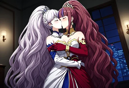 8K, HD, masterpiece, <lora: Two_heads_XL_anime_trained_edition_for_pony:1.1, add_details_xl:2>, negative_hands, easynegative, conjoined, Japan anime, two heads, BREAK female, random color hair, random ((short hair, very long hair, very long straight hair, wave hair, thick hair, furry hair)), ((2 different hairstyles)), ((2 tones color of hairstyles)), (((2 tones color hair))), ((human)), anime, BREAK female, rival team color, (((2 conjoined princess from 2 different countries))), (((((2 tone color outfit, contrasting left and right outfit, asymmetrical design with varying styles on left and right, dual-style outfit, separate outfit design for left and right sides, ))))), Diamond tiara, Ruby necklace, Rich burgundy velvet gown with gold embroidery, Sapphire encrusted crown, Pearl drop earrings, Royal silk gown with silver detailing, look at each other, face to face, kissing, eyes closed, shy mood, hugging, hug, lady, girl, ((indoor, indoor royal banquet hall background)), magnificent, light, lighting, dynamic shot angle