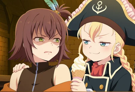 anime screencap, anime coloring, 2girls, indoors, tavern, portrait, upper body, 1girl, hort hair, brown hair, side ponytail, feather hair ornament, green eyes, sleeveless, vest, off shoulder, sash, disgust, looking at another, hand on shoulder <lora:Nan_tof_Vesperia_r1:0.8>
BREAK
anime screencap, anime coloring, 2girls, fighting, indoors, tavern, 1girl, blue eyes, twin braids, blonde hair, sidelocks, pirate hat, ascot, coat, binoculars, holding ice cream cone, offering to another, looking at another, smug, half-closed eyes, hand on another's shoulder <lora:Patty_Fleur:0.8>, masterpiece, best quality, amazing quality, very aesthetic, absurdres, highres, newest