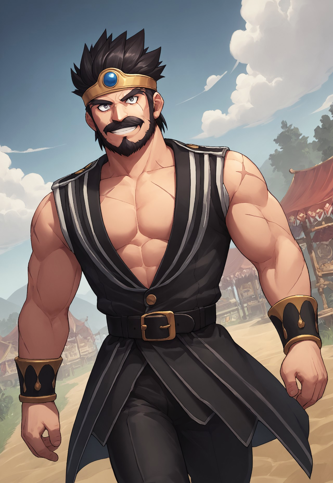 score_9, score_8_up, OrtegaDQ, black hair, short hair, gray eyes, beard, mustache, mature male, muscular, circlet, sleeveless black coat, wristbands, black belt, black pants, looking at viewer, smile, dynamic pose, detailed background, dutch angle, old town market, blue sky, clouds, scars on body, hairy arms, hairy chest, walking down, gust of wind, 