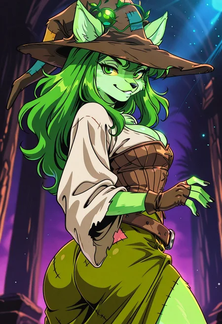 SophieSW, 1girl, solo, furry female, anthro, green hair, long hair, wavy hair, animal ears, patchwork brown witch hat, yellow sclera, green eyes, black snout, green fur, patchwork clothes, white shirt, wide sleeves, large breast, cleavage, brown corset, belt, green patchwork skirt, thick thighs, brown fingerless gloves, bare shoulders, ears through headwear,
,seductive pose, sexy pose, tease,
masterpiece, best quality, fine details, intricate details, depth of field, subsurface scattering, bokeh,
ultra-detailed, very aesthetic, detailed background, newest, scenery, highres, absurdres, colorful, vibrant, glowing, perfect face, 2d, perfect eyes, vibrant saturated colors, volumetric lighting, sharp, detailed eyes, perfect anatomy, perfect face, perfect eyes, mature body, clear eyes, beautiful eyes, athletic, curvy body, athletic girl, perky tits, perfect tits, round breasts, pinup pose, teasing, lustful expression, perfect hands,
muscular female, dutch angle,
naughty smile,dat ass, ass focus, huge butt,
,Smooth Negative, Smooth_Quality,
90s_anime_aesthetic, 1990s (style), dark_fantasy_style, dark fantasy, retro,, retro artstyle
