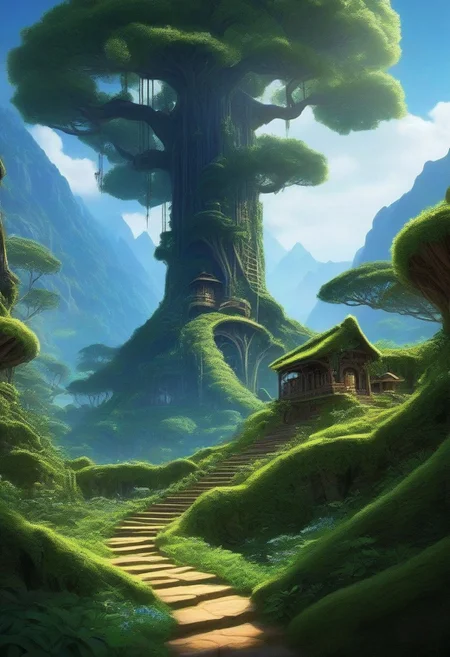 A colossal tree larger than a mountain dominating the horizon of an endless verdant valley. Its branches spread wide into a canopy that blots out the sky, while its titanic roots contort into winding pathways and structures overgrown with bioluminescent flora and fauna. Elfin villages carved into the gargantuan trunk gleam like lanterns in the perpetual twilight below the leafy bowers.
Vertical Landscapes