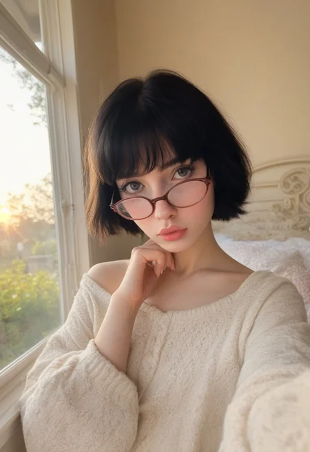 score_9, score_8_up, score_7_up, score_6_up, 1girl, perfect face, cute, bob cut hair, black hair, shy pouty, spring morning sun through window, cozy cottage, (Stable_Yogis_PDXL_Positives, librarian glasses, (wide hips:0.8), thick plump bubblebutt, (feminine), (full thick lips),