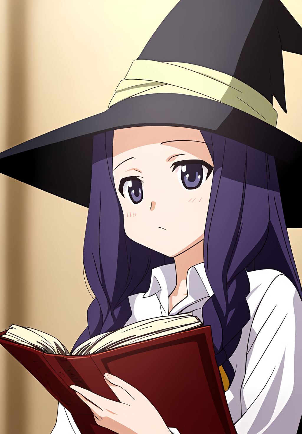 <lora:Yue_Ayase:0.8>, (masterpiece, best quality,perfect lighting), Yue_Ayase, 1girl, solo, dynamic pose, witch hat, book, portrait,