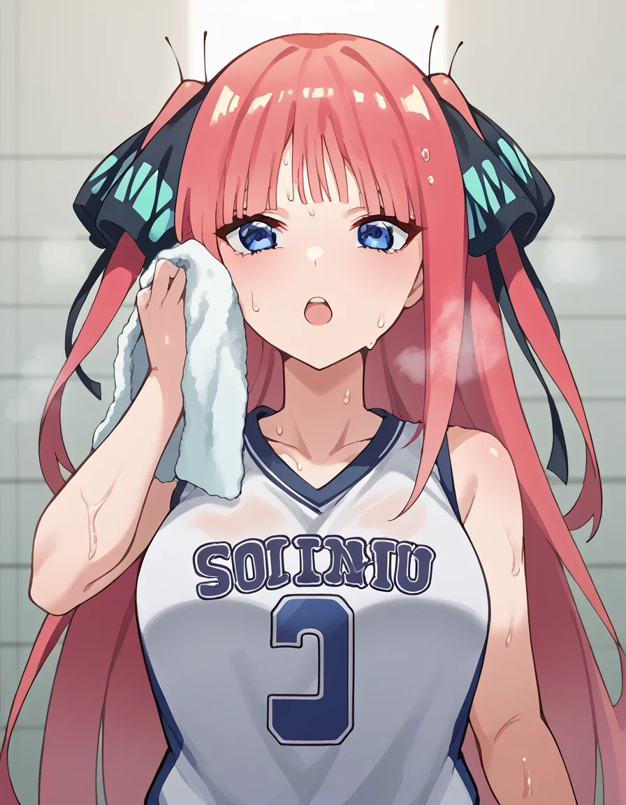 score_9, score_8_up, score_7_up, source_anime, <lora:nnakano-s2-ponyxl-lora-nochekaiser:1>, long hair, bangs, blue eyes, hair ornament, hair ribbon, pink hair, blunt bangs, two side up, butterfly hair ornament, large breasts,, <lora:basketball-uniform-ponyxl-lora-nochekaiser:1> basketball uniform, basketball jersery, sportswear, jersey, shorts, sleeveless,, audience, gym, sweat, open mouth, steam, <lora:wiping-towel-ponyxl-lora-nochekaiser:1> wiping sweat, towel, holding, sweat, holding towel, looking at viewer, open mouth,, cowboy shot,