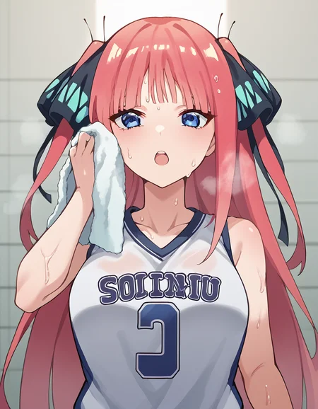 score_9, score_8_up, score_7_up, source_anime, <lora:nnakano-s2-ponyxl-lora-nochekaiser:1>, long hair, bangs, blue eyes, hair ornament, hair ribbon, pink hair, blunt bangs, two side up, butterfly hair ornament, large breasts,, <lora:basketball-uniform-ponyxl-lora-nochekaiser:1> basketball uniform, basketball jersery, sportswear, jersey, shorts, sleeveless,, audience, gym, sweat, open mouth, steam, <lora:wiping-towel-ponyxl-lora-nochekaiser:1> wiping sweat, towel, holding, sweat, holding towel, looking at viewer, open mouth,, cowboy shot,
