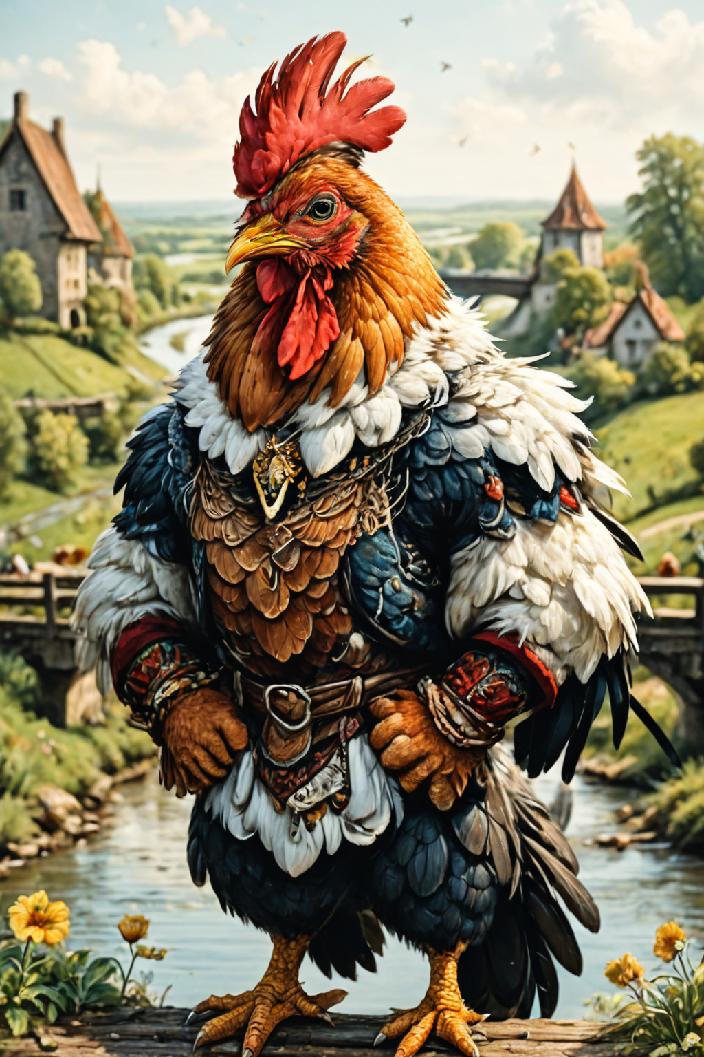 Detailed digital portrait of an anthro Chicken at a Bridge over peaceful countryside river, <lora:xl_more_art-full_v1:0.5>,  <lora:The_Crazy_Style:0.7> <lora:anthro_muscular:0.7>