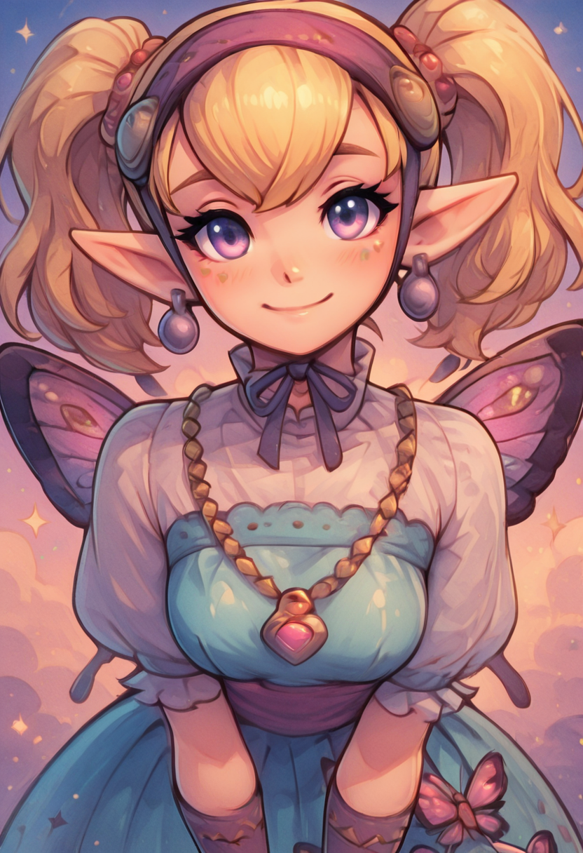 masterpiece, best quality, solo, curvy, beautiful eyes, narrow waist, 1girl, solo, smile, looking at viewer, foreshortening, close up,     zzAgitha, purple eyes, blonde hair, hair ornament, hairband, pointy ears, twintails,  jewelry, earrings, gloves, dress, butterfly wings,  ,<lora:AgithaZelda_IXL:1.0>, , solo, looking at viewer, smile, k4w4iim1r41, cute outfit, pastel, <lora:KawaiiMirai_IXL:1.0>,