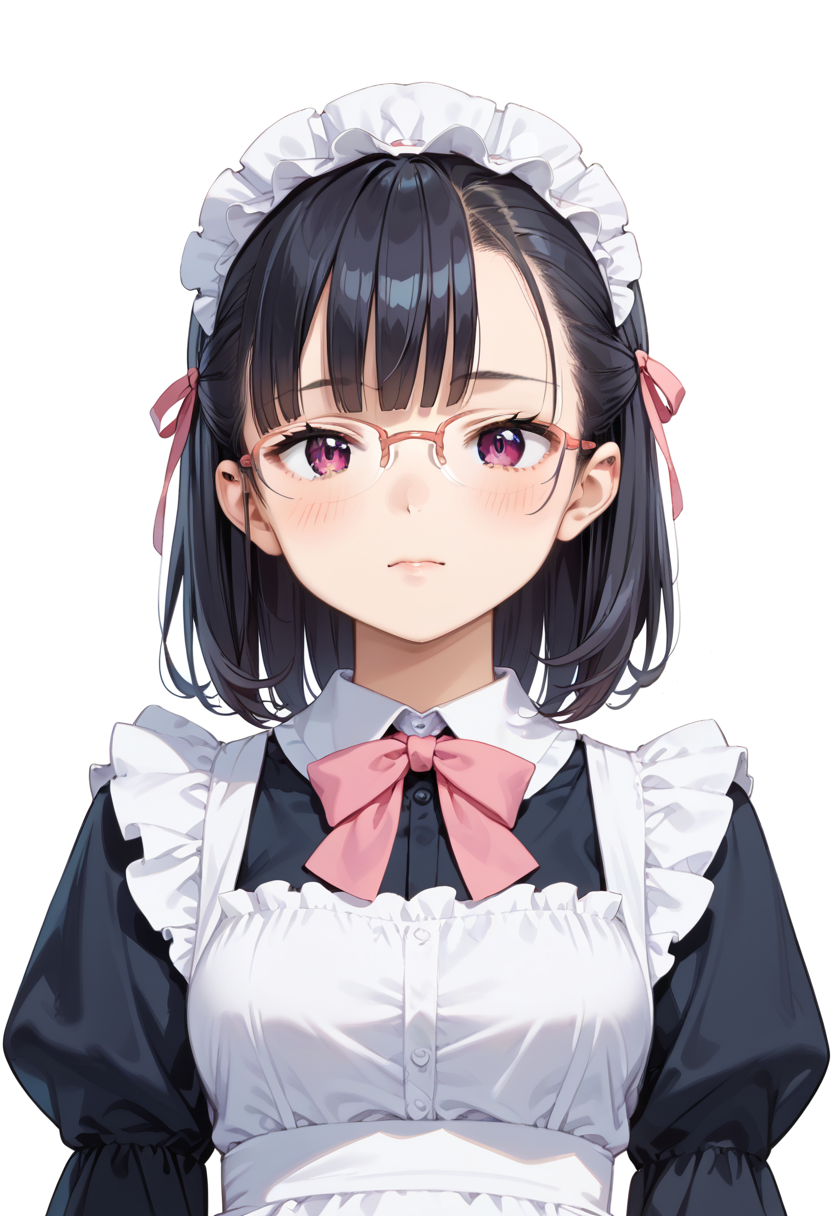 score_9, score_8_up, score_7_up, rating_safe, masterpiece, best quality, absurdres, unity 8k wallpaper, official art, official style, source_anime, uncensored, game cg, megami magazine,
1girl, solo, black hair, medium hair, upper body, covered eyes,maid, maid headdress, black dress, maid apron, face focus, 
halfrim15S, still life, white background, simple background, pink-framed eyewear, 
 <lora:glasses_halfrim15s_PONY_V1:1>