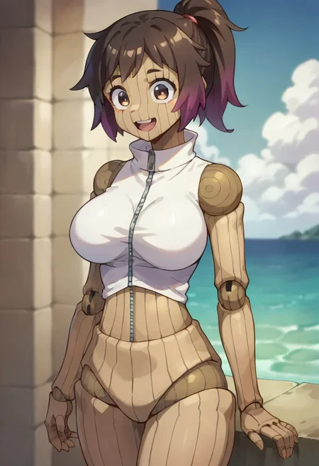 score_9, score_8_up, score_7_up, source_anime, lovenet, solo, 1girl, joints, large breasts, smile, doll joints, open mouth, ponytail, dark-skinned female, zipper
