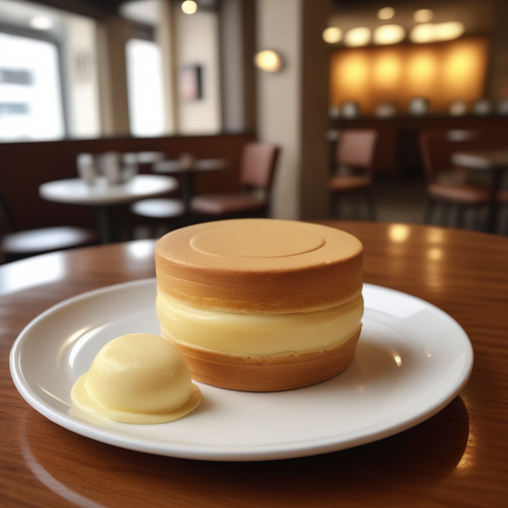A photorealistic image of a 'ufocake' placed on a plate in a luxurious coffee shop setting. The cake should be freshly cut in half, revealing a rich, creamy custard center that looks tempting. The ambiance of the coffee shop should exude elegance, with soft lighting, plush seating, and sophisticated decor. The plate holding the 'ufocake' should be finely crafted, complementing the lavishness of the dessert,<lora:ufocake:0.65>,((ufocake open))