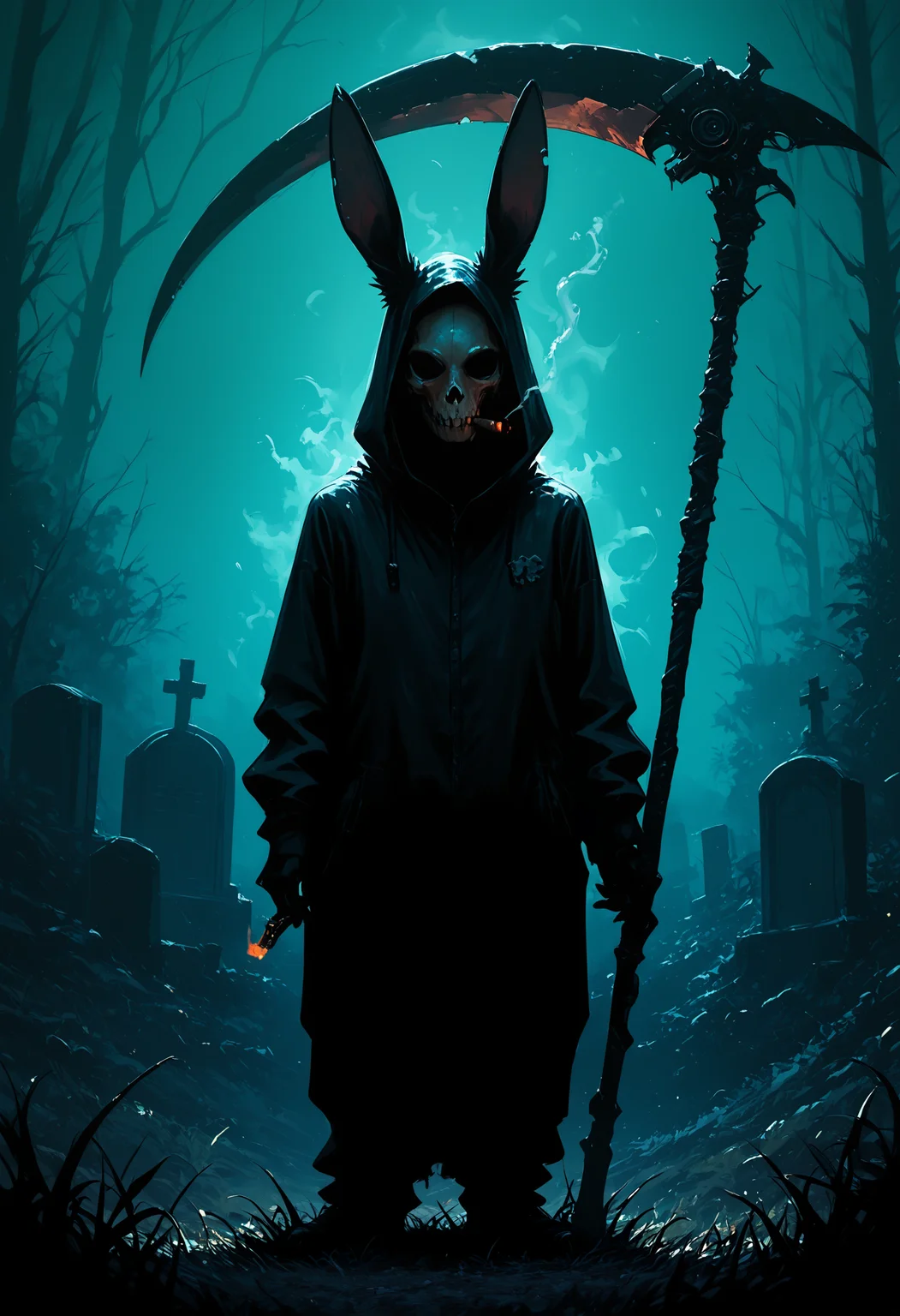 masterpiece, best quality, good quality, very awa, very aesthetic, absurdres, newest, solo, looking_at_viewer, holding, standing, full_body, weapon, hood, black_eyes, no_humans, mouth_hold, grass, 1other, hood_up, smoke, cigarette, skull, smoking, scythe, stitches, holding_scythe, cigar, tombstone, graveyard, lighter, sickle, rabbit_costume, 748cmstyle,usnr,retro