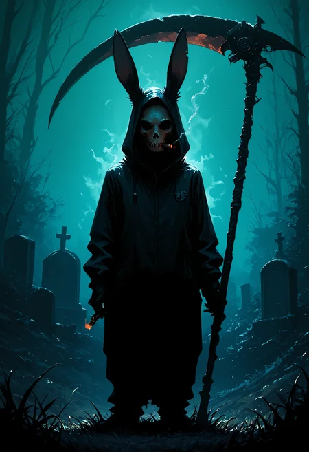 masterpiece, best quality, good quality, very awa, very aesthetic, absurdres, newest, solo, looking_at_viewer, holding, standing, full_body, weapon, hood, black_eyes, no_humans, mouth_hold, grass, 1other, hood_up, smoke, cigarette, skull, smoking, scythe, stitches, holding_scythe, cigar, tombstone, graveyard, lighter, sickle, rabbit_costume, 748cmstyle,usnr,retro