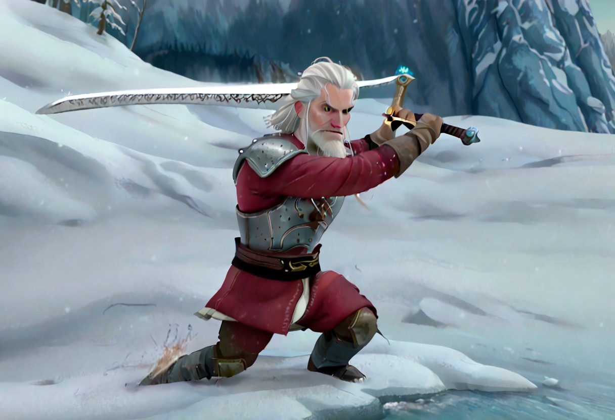 geralt as a (r0b0t_s4nta_c1aus), holding a sword, solo,
high guard sword parry stance, incoming vertical sword attack
at a frozen lake,
game screenshot,
looking at the camera,
sfw