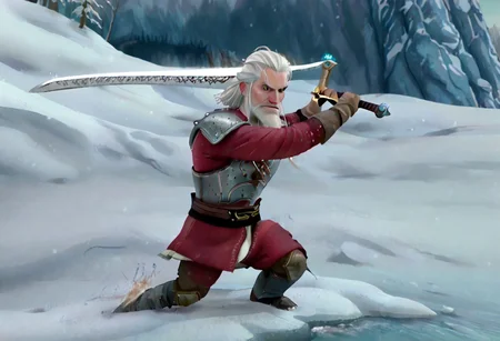 geralt as a (r0b0t_s4nta_c1aus), holding a sword, solo,
high guard sword parry stance, incoming vertical sword attack
at a frozen lake,
game screenshot,
looking at the camera,
sfw