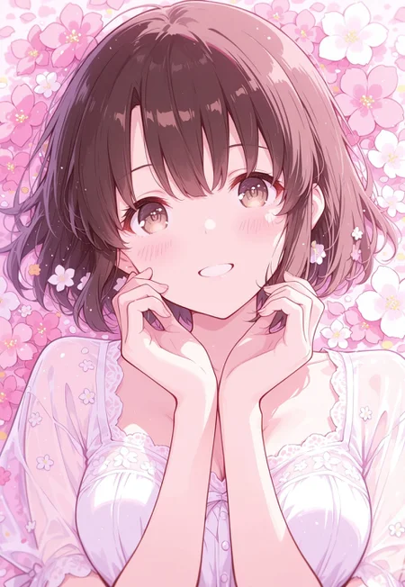 1girl,Megumi <lora:IL-KatoMegumi:0.8>,brown hair,katou megumi,brown eyes,solo,short hair,fluffy hair,detailed pupils,

peaches and cream skin,fun and sweet atmosphere,sweet color theme,
Pleasure signs,smile,looking at viewer,detailed face,clavicle,medium breast,
white lace dress,translucent,falling,lying back,
heart-sharped hands,

(flowers,full of flowers,multicoloured:1.3),
colourful,gradient colors,pastel colors,close up,pov,
masterpiece, best quality, amazing quality, very aesthetic, detailed eyes, perfect eyes, realistic eyes