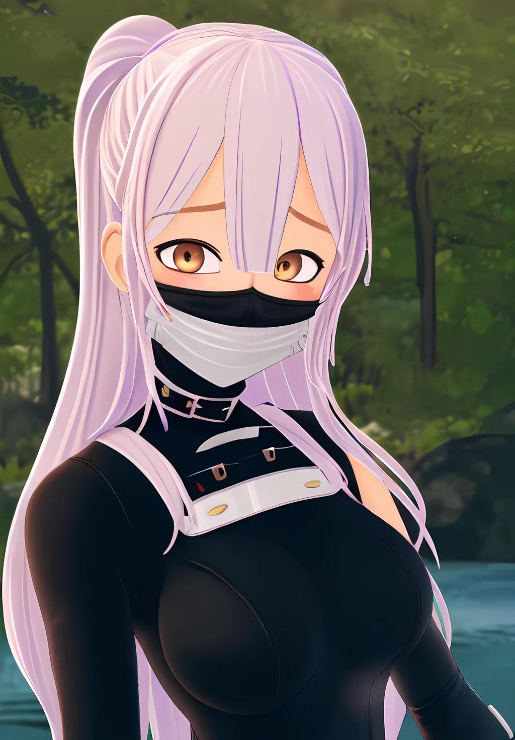 <lora:konoichi_chiyome:0.8>, konoichi_chiyome, 1girl, solo, smile, ninja, bodysuit, fishnets, face mask, (seductive, alluring, charming:1.3), (highly detailed, high quality:1.3)