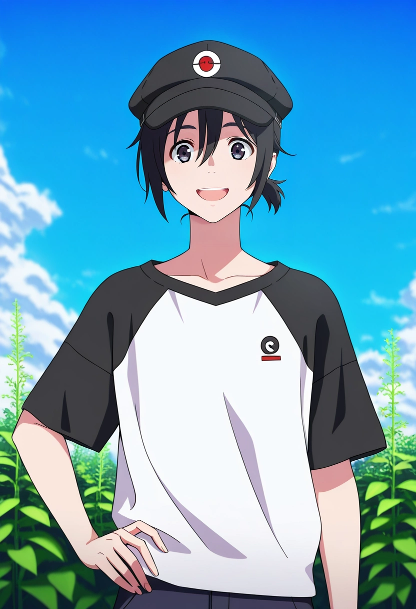 masterpiece, best quality, , (3d:0.4),, 1boy, solo, male focus, <lora:mio_chibana_ilxl:1>, mio_chibana, black hair, black eyes, short hair, hair between eyes, short ponytail, straight-on, energy plant, day, clouds, hand on hip, :D, crew neck t-shirt, flat cap