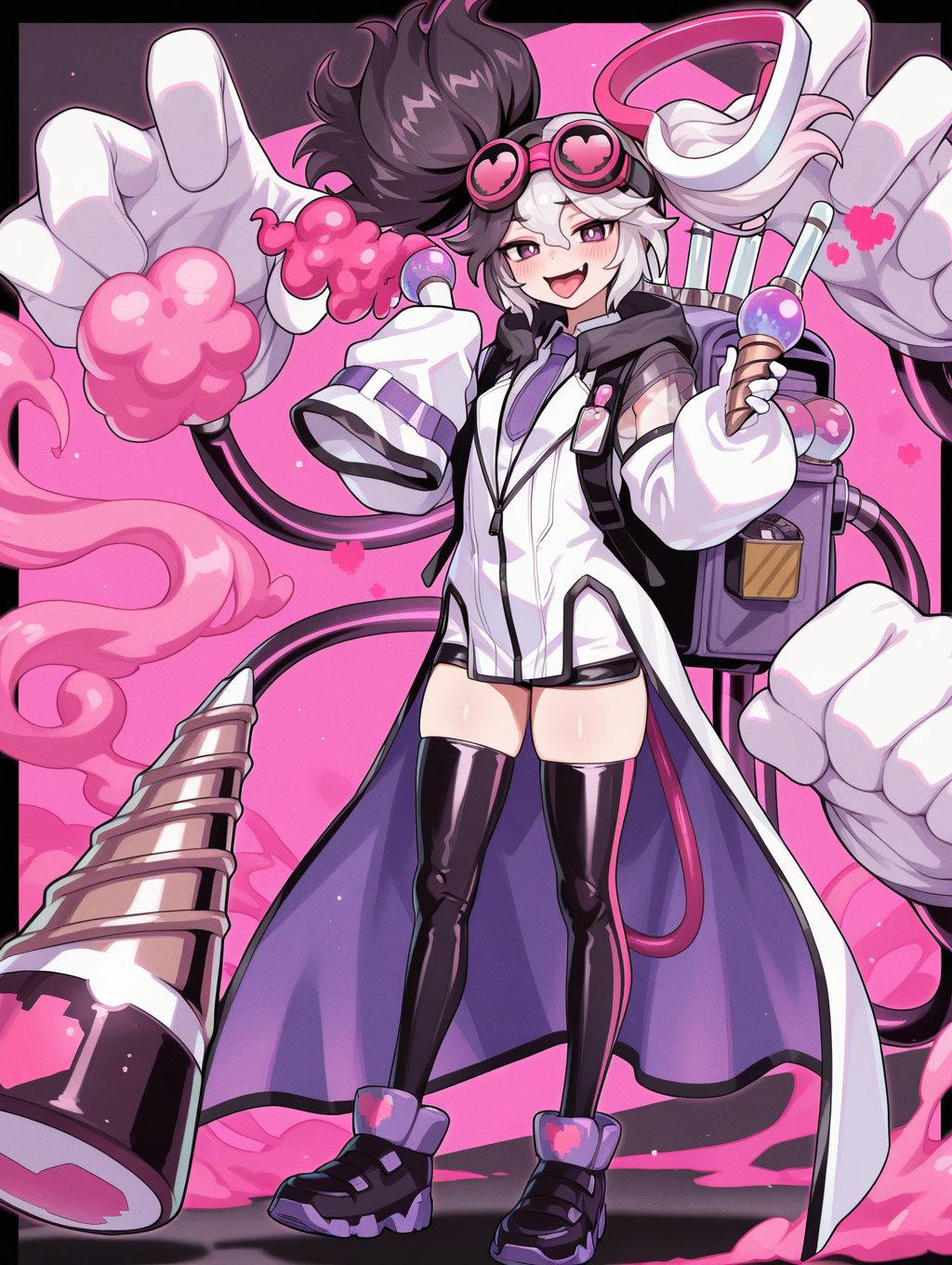 vanquish soul dr. mad love,1girl,solo,tongue out,smile,open mouth,see-through sleeves,looking at viewer,full body,pixel heart,fang,single sleeve past fingers,test tube,standing,white pupils,extra mechanical arms,blush,zipper,backpack,holding cone \(weapon\),cone \(weapon\),white hair ornament,goggles on head,white collared shirt,white labcoat,purple necktie,single white glove,black short shorts,black thighhighs,purple sneakers,huge hammer,drill,purple smoke,holding test tube,dual wielding,
masterpiece,best quality,amazing quality,very aesthetic,absurdres,newest,<lora:Vanquish Soul Dr. Mad Love illusXL v1.1:0.72>,