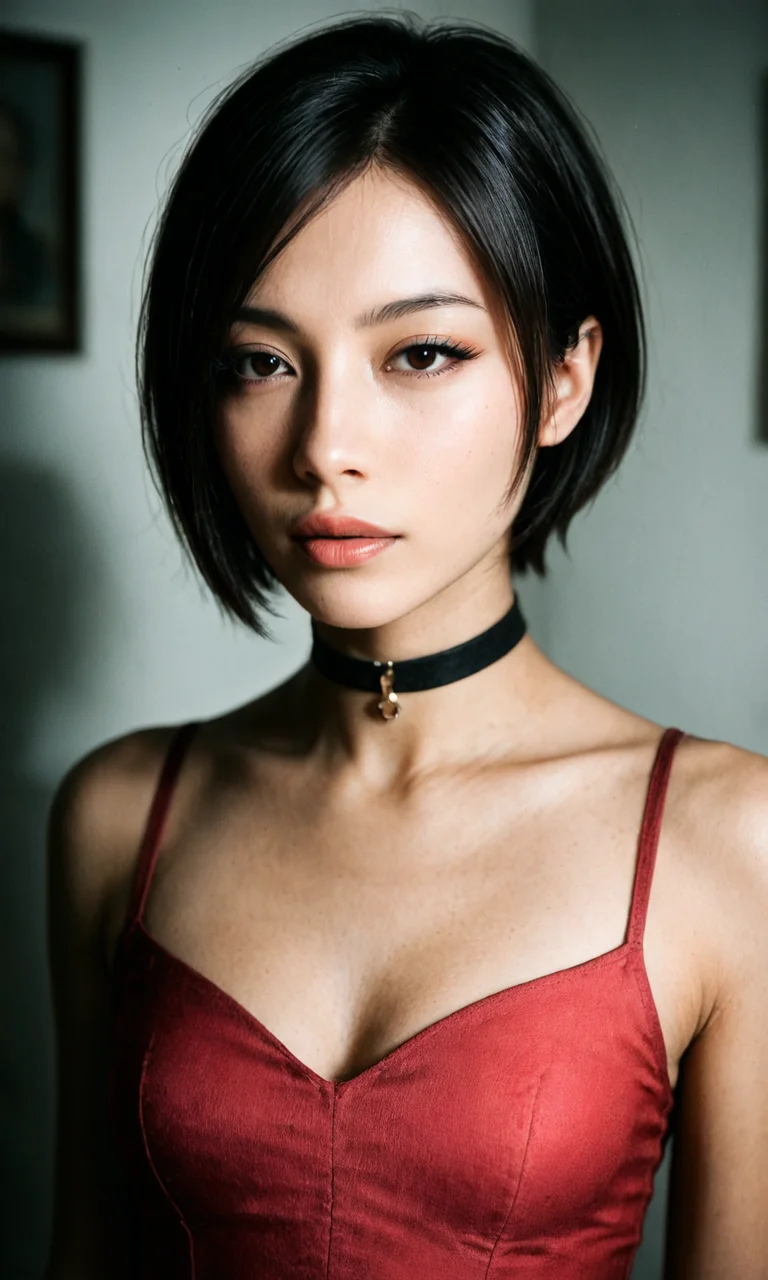 embedding:Stable_Yogis_Illustrious_Positives, 1990's amateur photograph, photorealistic, masterpiece, 1girl, solo, ada wong, black hair, short hair, brown eyes, black choker, red dress, eyelashes, lips, close-up, eye focus, parted lips,<lora:ada_wong_sdxl.safetensors:1.0:1.0>