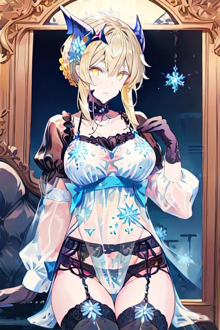 fakemb
lancerAlter, yellow eyes
see-through lingerie, snowflake print, choker, black gloves, garter belt, black thighhighs