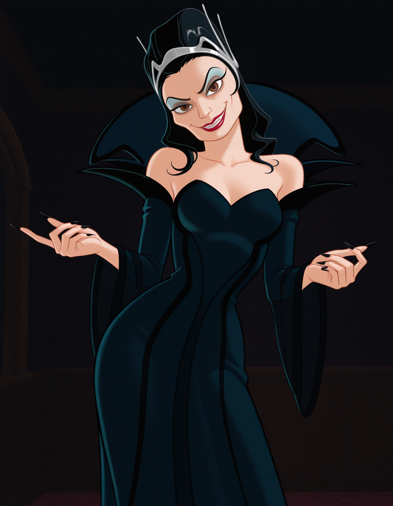 tiara, dress, detached sleeves, 
indoors, dark background, 
1girl, solo, standing, looking at viewer, long fingernails, black nails, 
 <lora:enchanted-queennarissa:1> xnarissax, black hair, long hair, brown eyes, makeup, lipstick,
