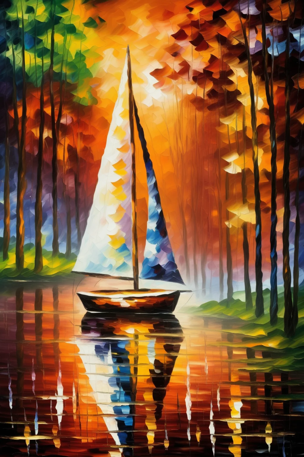 <lora:Leonid Afremov Style:1>Leonid Afremov Style - A sailing boat on a tranquil lake, surrounded by a breathtaking fall landscape, showcasing the bold colors and bold brushstrokes typical of Leonid Afremov.