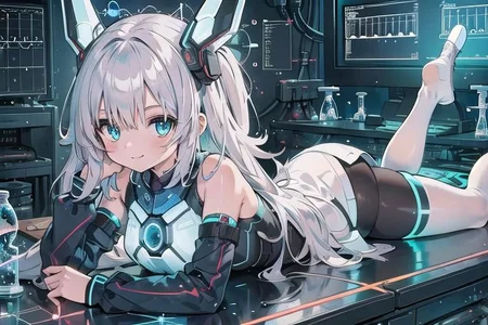 (masterpiece), (science fiction:1.4), 1girl, lying on a mirror, smile, silver hair, aqua eyes, headgear, long sleeves, detached sleeves, glowing energy clothing