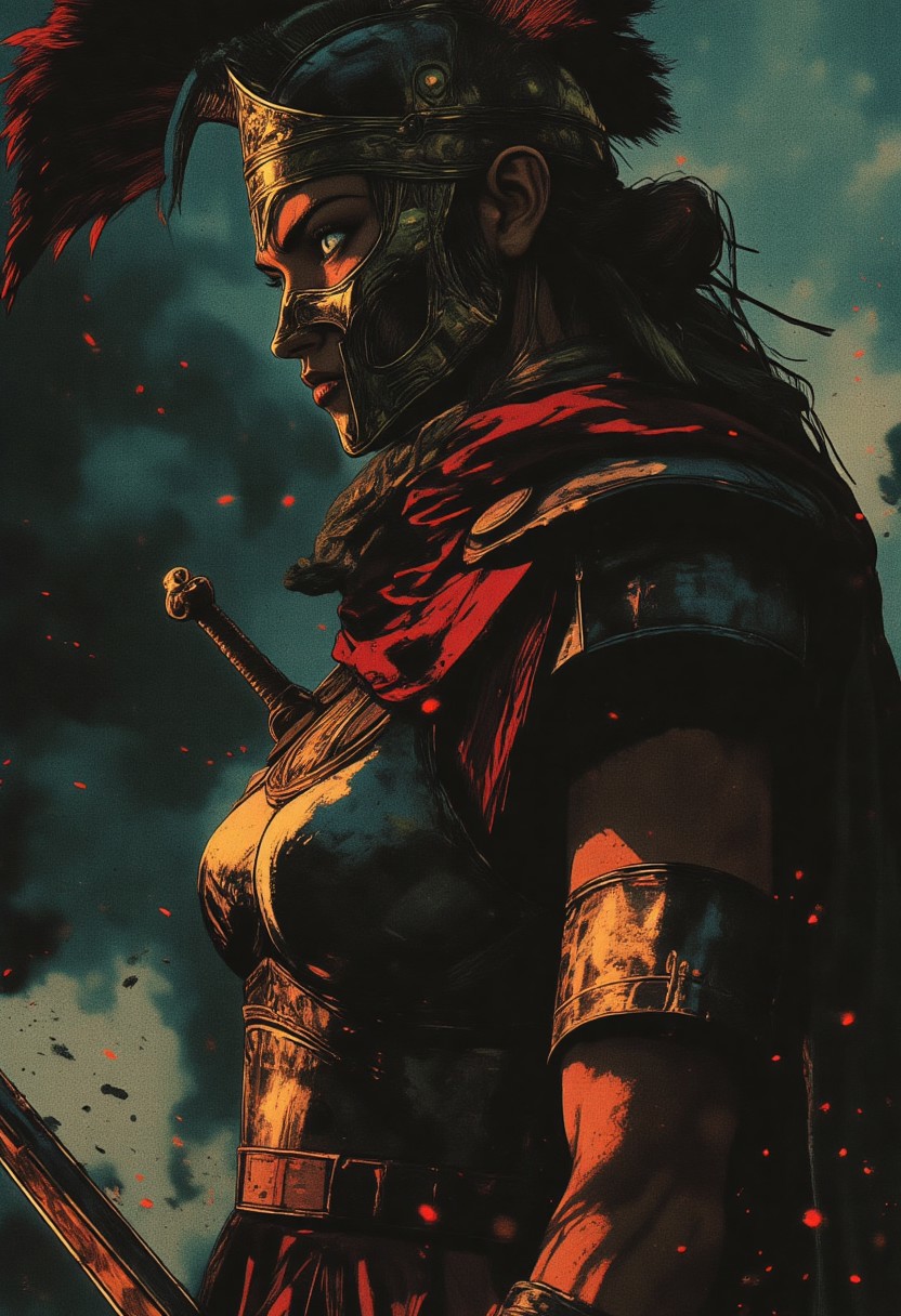 Female Roman soldier, Revenant, war paint, face paint, eye black, glowing eyes, in profile, toned arms, braided hair, battle damaged armor, large breasts, breast plate, dark and moody background, adds a dramatic tone, subtle lighting reflections, ray traced, foreshortening, particle effect, Holding a sword,