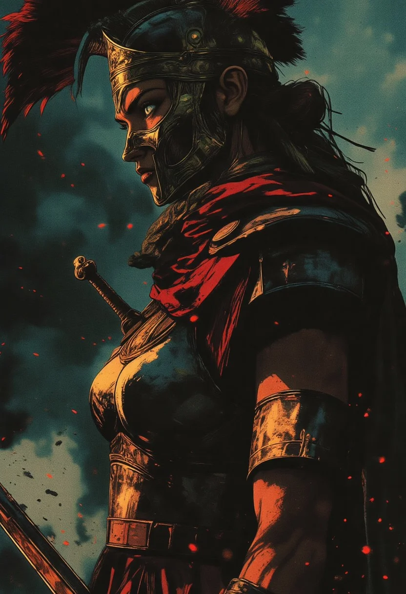 Female Roman soldier, Revenant, war paint, face paint, eye black, glowing eyes, in profile, toned arms, braided hair, battle damaged armor, large breasts, breast plate, dark and moody background, adds a dramatic tone, subtle lighting reflections, ray traced, foreshortening, particle effect, Holding a sword,