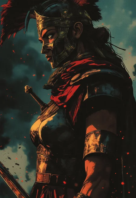 Female Roman soldier, Revenant, war paint, face paint, eye black, glowing eyes, in profile, toned arms, braided hair, battle damaged armor, large breasts, breast plate, dark and moody background, adds a dramatic tone, subtle lighting reflections, ray traced, foreshortening, particle effect, Holding a sword,