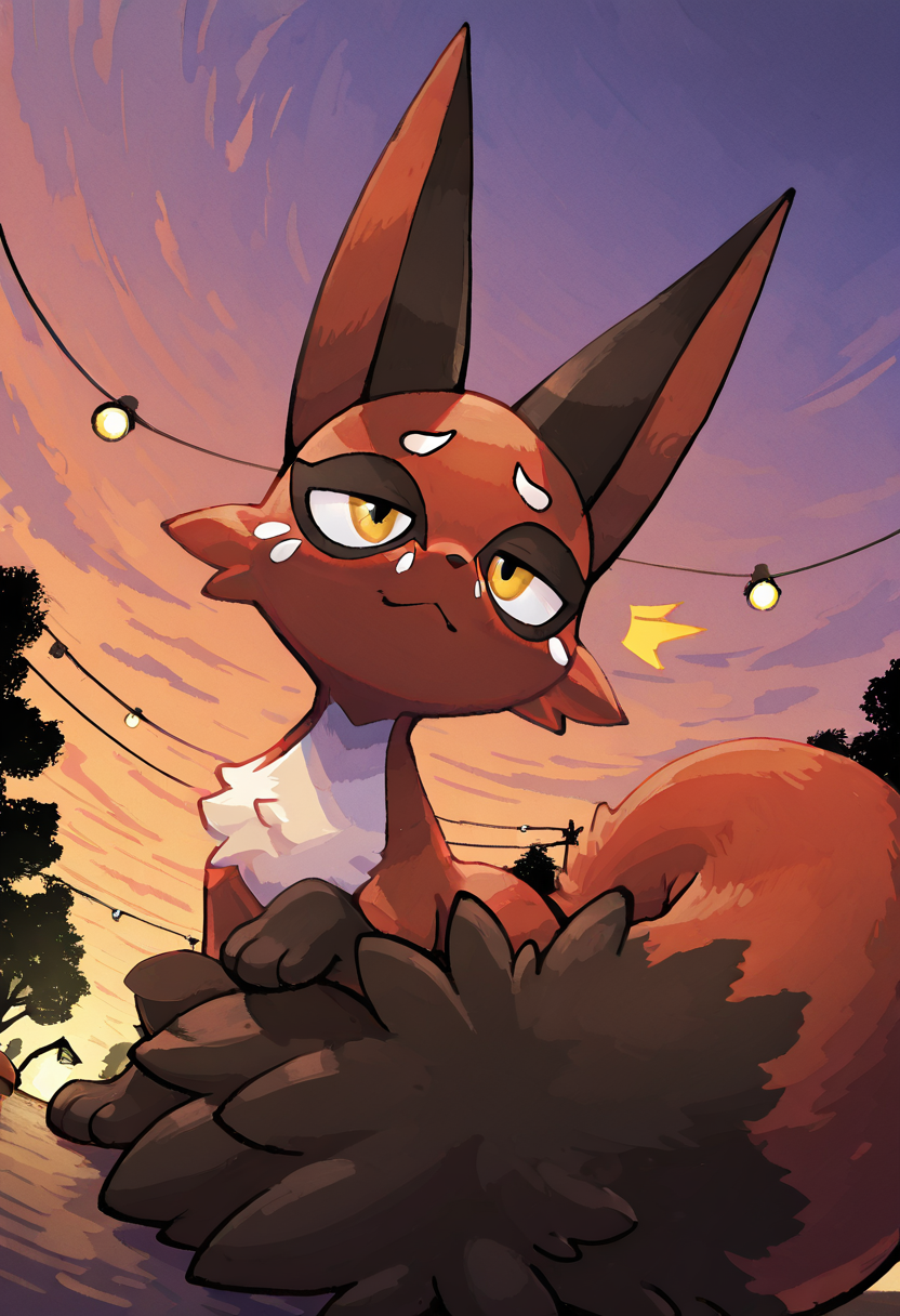 masterpiece, best quality, looking at viewer,      zzNickit,  olling grassy hill at dusk, distant village lights below, lone tree nearby, seated on the crest, tail curled around body, head turned sideways, contemplative pose, cool breeze â Atop the grassy hill, zzNickit sits still beneath a lone, windblown tree, watching lights flicker to life in the distant village. Its tail curls neatly around its body, and its eyes glint with thought as the sun dips below the horizon, painting the sky in fading purples and orange.   ,<lora:NickitPokedex_IXL_v1:1.0>,  foreshortening, dynamic angle, close up,