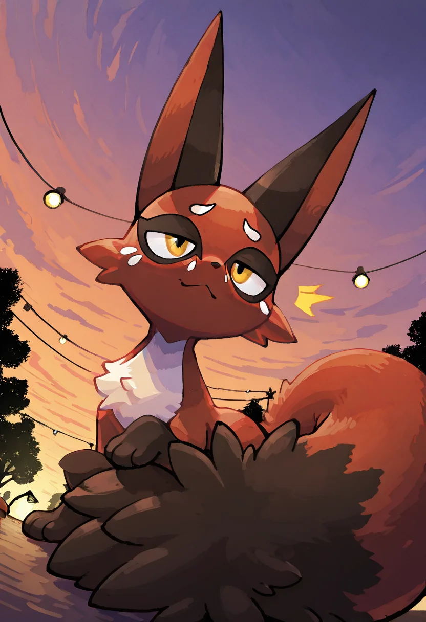 masterpiece, best quality, looking at viewer, zzNickit, olling grassy hill at dusk, distant village lights below, lone tree nearby, seated on the crest, tail curled around body, head turned sideways, contemplative pose, cool breeze â Atop the grassy hill, zzNickit sits still beneath a lone, windblown tree, watching lights flicker to life in the distant village. Its tail curls neatly around its body, and its eyes glint with thought as the sun dips below the horizon, painting the sky in fading purples and orange. ,<lora:NickitPokedex_IXL_v1:1.0>, foreshortening, dynamic angle, close up,