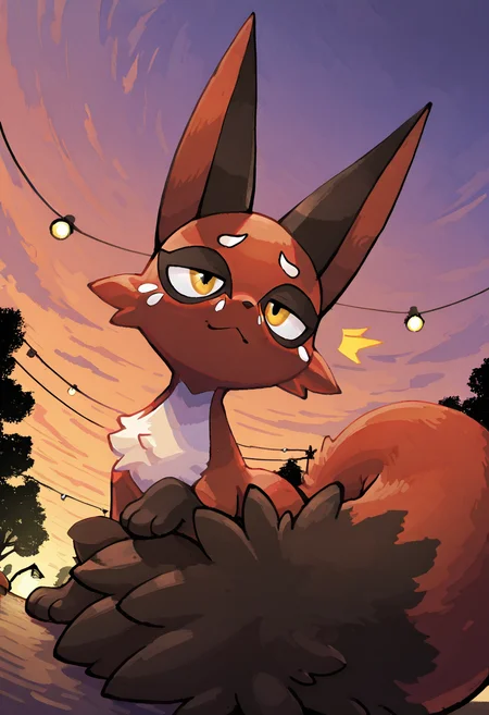 masterpiece, best quality, looking at viewer, zzNickit, olling grassy hill at dusk, distant village lights below, lone tree nearby, seated on the crest, tail curled around body, head turned sideways, contemplative pose, cool breeze â Atop the grassy hill, zzNickit sits still beneath a lone, windblown tree, watching lights flicker to life in the distant village. Its tail curls neatly around its body, and its eyes glint with thought as the sun dips below the horizon, painting the sky in fading purples and orange. ,<lora:NickitPokedex_IXL_v1:1.0>, foreshortening, dynamic angle, close up,
