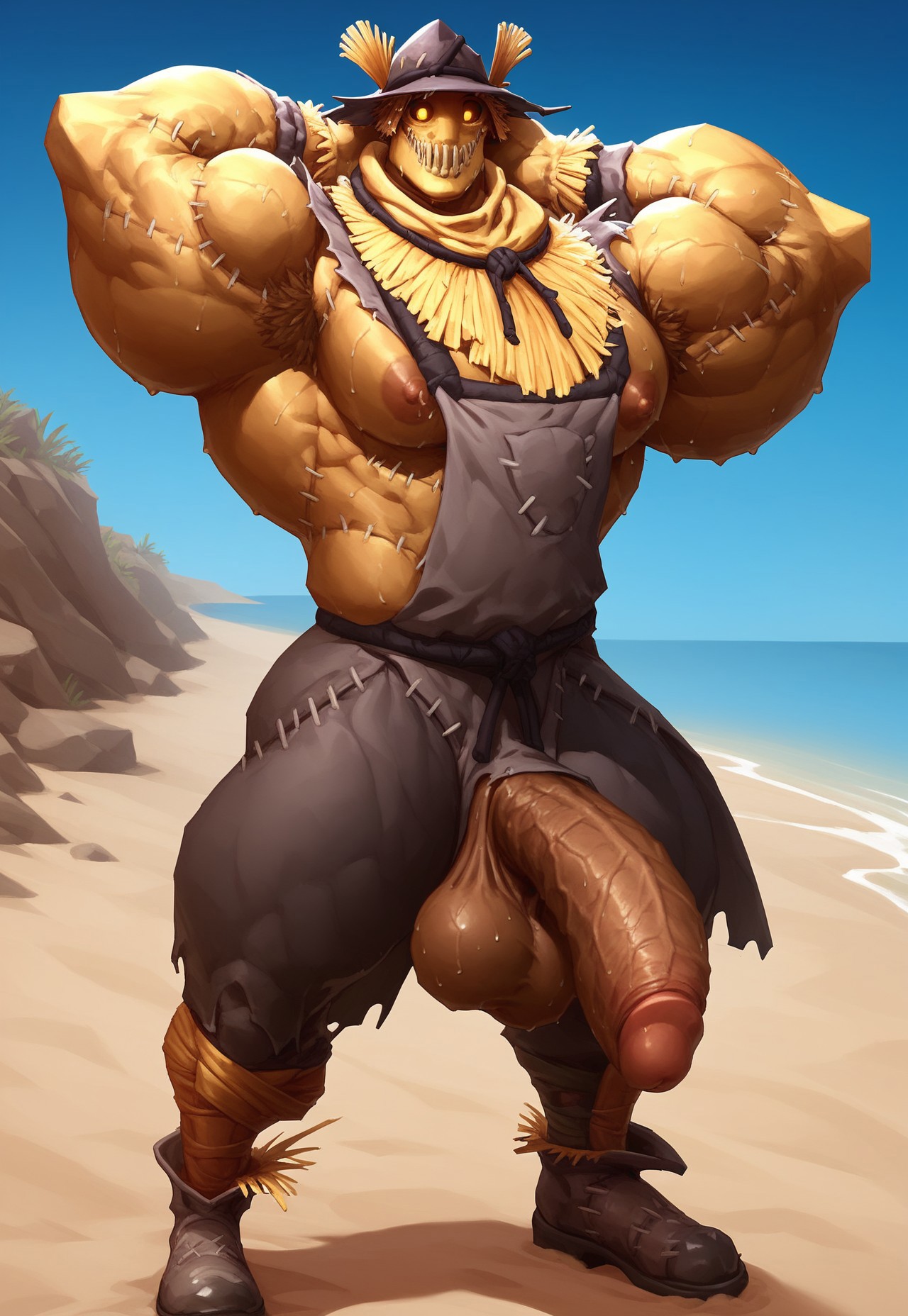 safe_pos, score_9_up, score_8_up, score_7_up, 1boy, fort_h@ym@n, scarecrow, colored skin, glow yellow eyes, sewn up mouth, hat, straw hair, hyper muscles, hyper pecs, bara, standing, male focus, thick things, huge penis and balls, sweat, stinky, beach, hands behind head, full body,