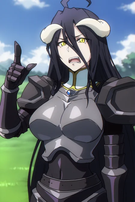 score_9, score_8_up, score_7_up, score_6_up, score_5_up, score_4_up, BREAK source_anime, 1girl, solo,
<lora:AlbedoXL-v4-07:0.7>, ChopioAlbedo, black hair, very long hair, hair between eyes, demon horns, yellow eyes, slit pupils, ahoge, looking at viewer,
large breasts,
outfit_2, black armor, shoulder armor, boobplate, gauntlets, black belt, greaves, waist cape, sabatons,
outdoors, grass, field, standing, serious, angry, shouting, open mouth, (pointing at viewer:1.2), pointing, upper body,