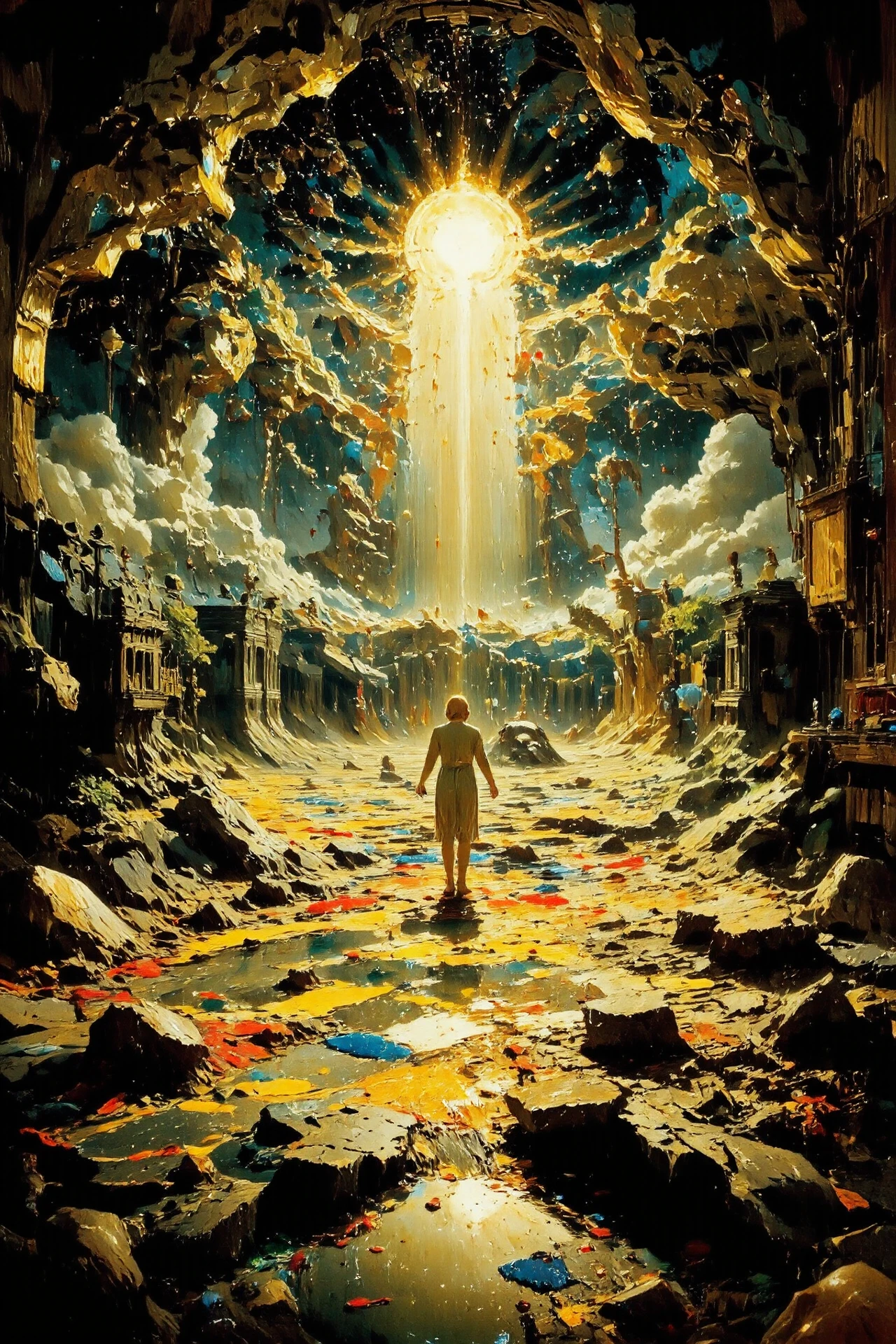 heavens, laboratory, beautiful surreal landscape, female angel with wings, bright light, paint stains in the water, vivid colors, colorful, multilayer paint splash style, <lora:Hand v2:1> <lora:Anti-Blur:1> <lora:Insane Detail Slider:0.5>   <lora:Flux.1_Turbo_Detailer:0.6>   <lora:flux-photo-transparent_Alpha_1.0:0.8> <lora:flux.1_lora_flyway_Epic-detail_v2:1>   <lora:Painterly01b_CE_FLUX_AIT:0.8> pntrlyCE_style <lora:PsykeV1:1>  <lora:VividlySurreal:1>