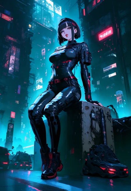 Techwear fashion masterpiece,high score,great score,absurdres, a woman in a black leather outfit standing in a room with a bed and a window in the background [20],<lora:matr1xg0th :1>,(matr1xg0th, m0tr1xbl0d3r0nn3r, realistic, tech wear, cyberpunk art, afrofuturism, Chizuko Yoshida, Christian Hilfgott Brand, gothic art),photo \(medium\) [6],sitting [1], .  . Futuristic, cyberpunk, urban, tactical, sleek, dark, highly detailed