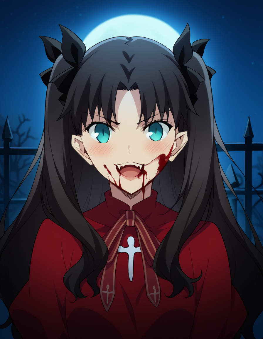 score_9, score_8_up, score_7_up, source_anime, rintohsaka, <lora:rin-tohsaka-ubw-ponyxl-lora-nochekaiser:1>, rin tohsaka, aqua eyes, black hair, hair ribbon, long hair, ribbon, sidelocks, two side up, parted bangs,, <lora:vampire-ponyxl-lora-nochekaiser:1>, vampire, red eyes, pointy ears, fangs, black dress, wings, blood, blood on face, blood on mouth, bat (animal), halloween, halloween costume, upper teeth only, night, moon, blush, smile, open mouth,, looking at viewer