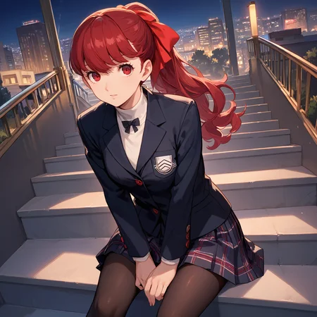 score_9, score_8_up, score_7_up, score_6_up, BREAK source_anime, look at viewer, outdoors, night, city, 1girl, solo, sitting, on stairs, masterpiece, best quality, high detailed skin, yoshizawa kasumi, yoshizawa school, long hair, ponytail, red hair, hair bow, red eyes, school uniform, shuujin academy school uniform, black jacket, pleated skirt, pantyhose,