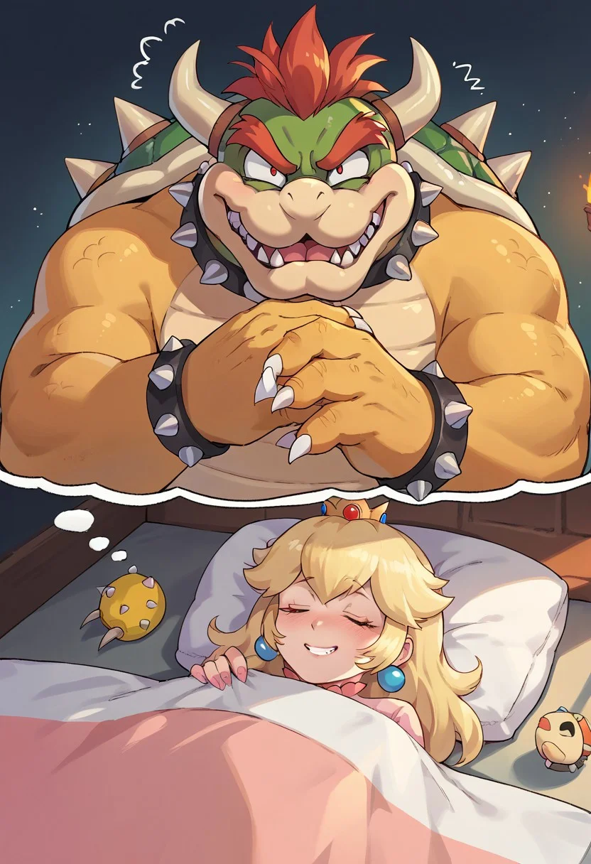 score_9, score_8_up, score_7_up, source_anime, sleepy princess peach, sleeping, dreaming, dreaming of, under covers, dreaming of other, dreaming of scary bowser, claw post, grin