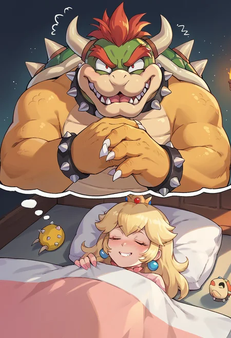 score_9, score_8_up, score_7_up, source_anime, sleepy princess peach, sleeping, dreaming, dreaming of, under covers, dreaming of other, dreaming of scary bowser, claw post, grin