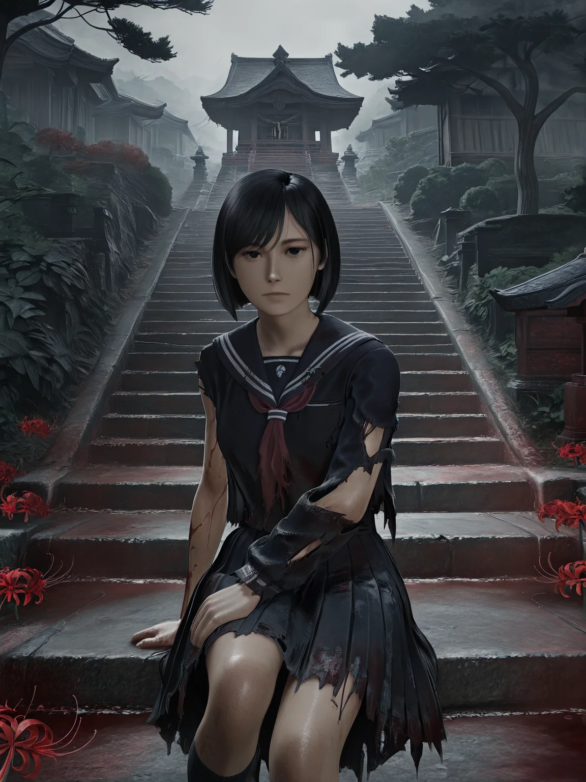 <lora:ST_FFVIIRB_0R:0.9>, ffviirb, 3d, realistic, photograph, photorealistic
<lora:Shimizu_Hinako_0R:1>, shimizuhinako
black eyes, black hair, bob cut, swept bangs
serafuku, sailor collar, black shirt, red neckerchief, black skirt, uneven sleeves, torn sleeves, torn clothes, blood on clothes, socks, loafers
<lora:CC_Aesthetic_Masterpiece_1:1>, masterpiece, best quality, amazing quality, very aesthetic, absurdres, detailed background, volumetric lighting, ray-tracing
solo, 1girl, looking at viewer, dynamic pose, expressionless, sitting, sitting on stairs
(outdoors, shizuoka, 1960s, rural japan, fog, street, village, tree, bush, shrine, stairs, higanbana, spider lily)