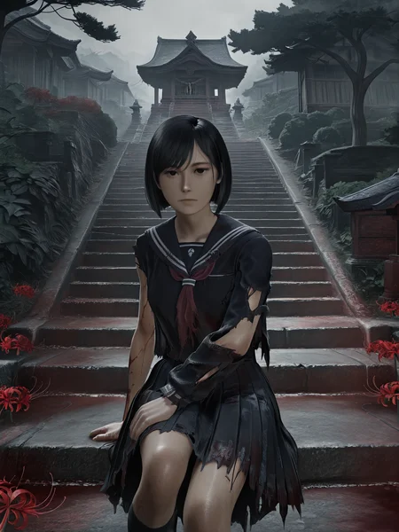 <lora:ST_FFVIIRB_0R:0.9>, ffviirb, 3d, realistic, photograph, photorealistic
<lora:Shimizu_Hinako_0R:1>, shimizuhinako
black eyes, black hair, bob cut, swept bangs
serafuku, sailor collar, black shirt, red neckerchief, black skirt, uneven sleeves, torn sleeves, torn clothes, blood on clothes, socks, loafers
<lora:CC_Aesthetic_Masterpiece_1:1>, masterpiece, best quality, amazing quality, very aesthetic, absurdres, detailed background, volumetric lighting, ray-tracing
solo, 1girl, looking at viewer, dynamic pose, expressionless, sitting, sitting on stairs
(outdoors, shizuoka, 1960s, rural japan, fog, street, village, tree, bush, shrine, stairs, higanbana, spider lily)