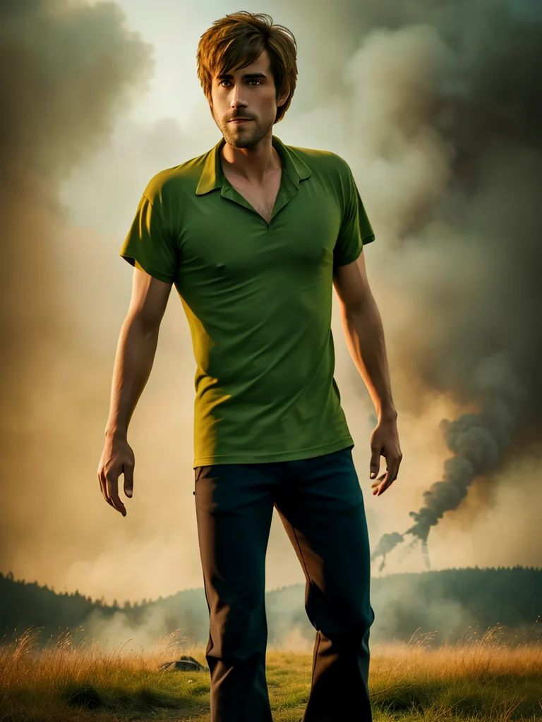 1boy, Shaggy, a man with green shirt, brown pants, black shoes, ULTIMAXPOWER_mode, green ghoulish fire, blue shaggy ghost in the background ,masterpiece, highly detailed, 8K, stunning, hdr, (RAW photo:1.2), (photorealistic:1.2),(masterpiece:1.4), <lora:Shaggy-000012:1>