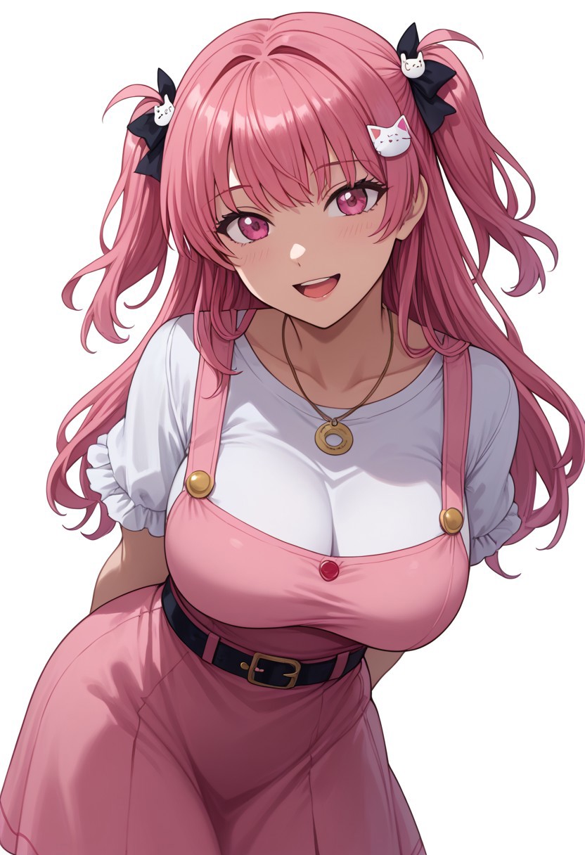 score_9, score_8_up, score_7_up,4k, source_anime,masterpiece,mogudan,best quality,,amazing quality,large breast,Nanamihiro3, 1girl, solo, long hair, looking at viewer, smile, open mouth, simple background, shirt, hair ornament, white background, dress, ribbon, jewelry, white shirt, pink hair, belt, pink eyes, necklace, dated, two side up, leaning forward, arms behind back, pink dress, pinafore dress, cat hair ornament