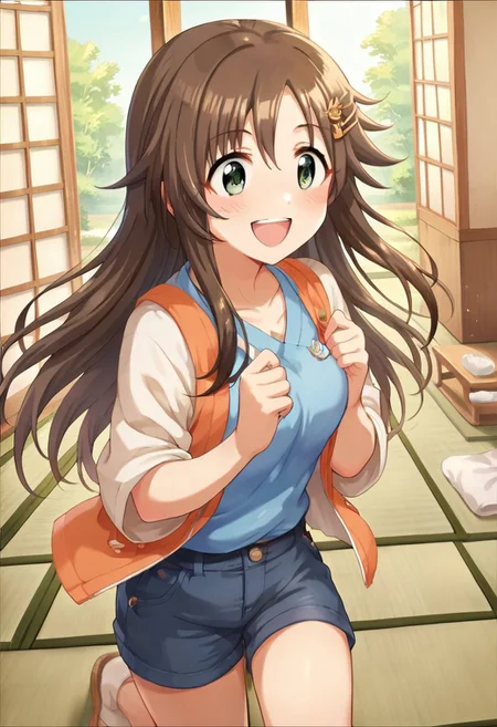 score_9, score_8_up, score_7_up, source_anime,himekawa yuki, long hair, brown hair, green eyes, 1girl, hairclip, hair ornament, smile, tatami, open mouth, blush, shorts