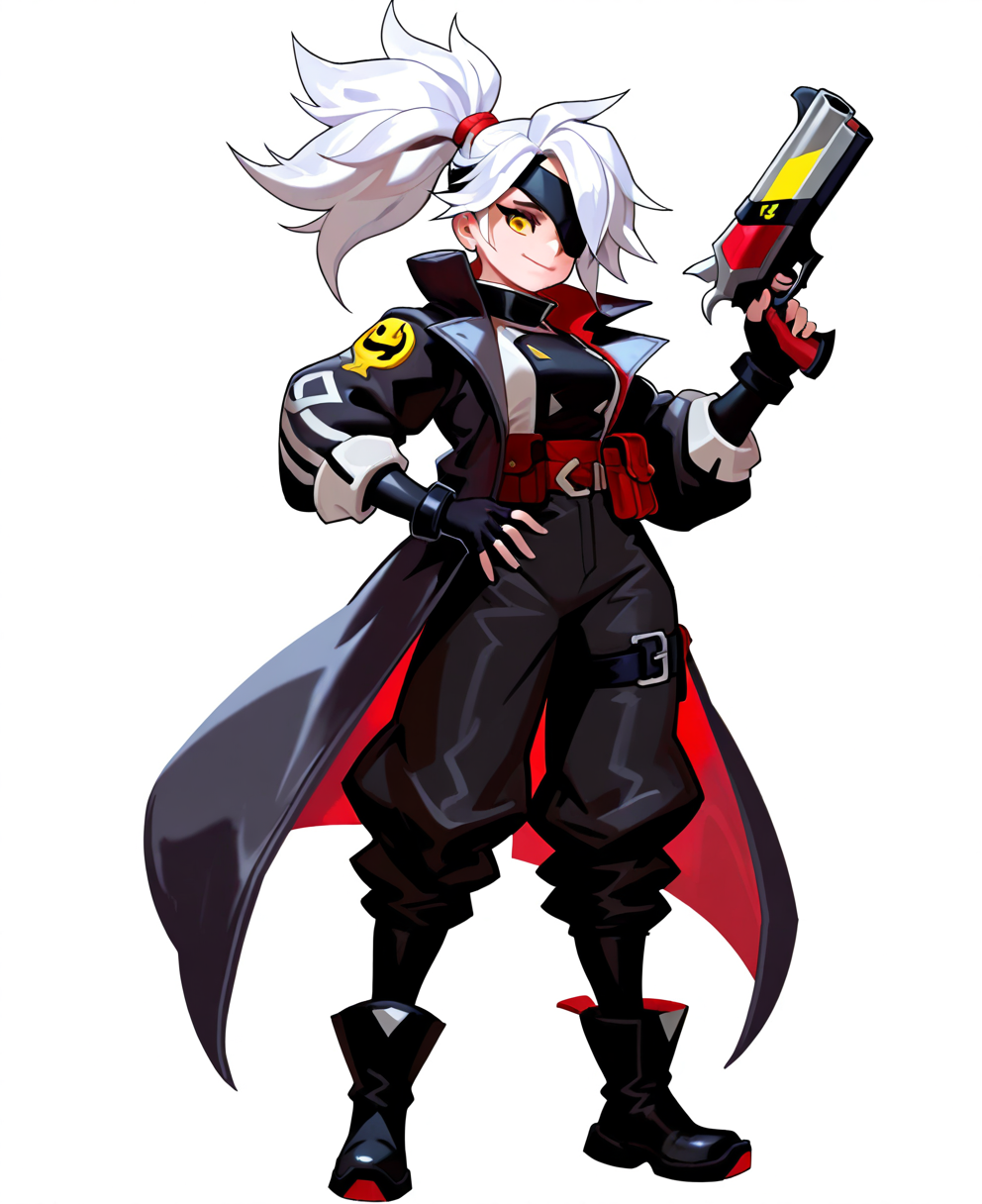 <lora:smashlegends:1> smashlegends,
(masterpiece), (best quality), (ultra-detailed), amazing quality, very aesthetic, illustration, perfect composition, intricate details, absurdres, incredibly absurdres, shiny skin, realistic,
 smashlegends, 1girl, solo, gloves, weapon, white hair, fingerless gloves, , ponytail, full body, pants, yellow eyes,  weapon, smile, eyepatch, belt, gun, simple background, black gloves, standing, white background, closed mouth, black pants, open clothes, genderswap, hair tie,  gun, coat, breasts, pouch, looking at viewer, long hair, boots, open coat, black footwear, black coat, jacket, belt pouch, baggy pants, hand up, sensitive