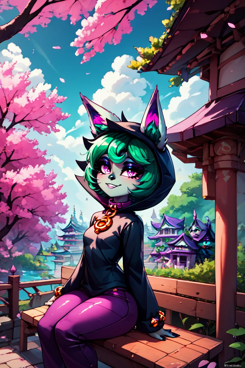 score_9, score_8_up, score_8, medium breasts, (curvy), cute, eyelashes, BREAK, , zzVex, pink eyes, green hair, bangs, short hair, grey skin, colored skin, black hood, hood up, ears through headwear, white animal ears, black shirt, purple collar, golden ornament, long sleeves, sleeves past wrists, purple pants, <lora:Vex_PDXL:1.0>,, BREAK, sitting on bench, side view, smile, looking at viewer, cowboy shot, ,,, BREAK, pnkBldng, sky, day, cloud, tree, blue sky, building, architecture, east asian architecture, ,,, BREAK, embedding:zPDXL, Expressiveh, ,,, <lora:PinkBuildingsPDXL_v2:0.6>, <lora:SDXLFaeTastic2400:0.5>, <lora:Expressive_H-000001:0.4>
