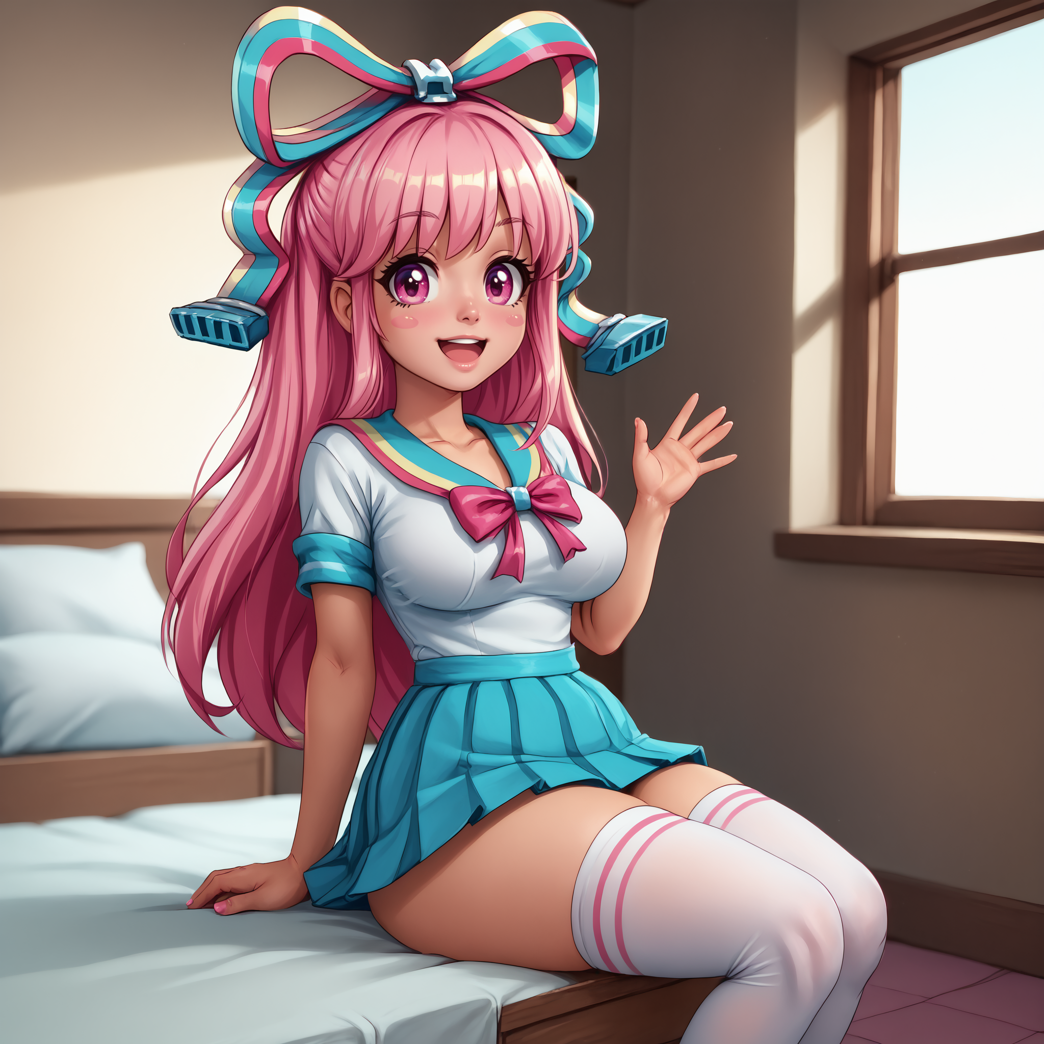 zPDXL2, score_9, score_8_up, score_7_up, detailed, intricate details, chromatic aberration, realistic, front view, head and shoulders portrait, upperbody close-up, cowboy shot, looking at viewer, indoors, home, house, 1girl, solo, <lora:Giffany:1> Giffany, open mouth, smile, Pink hair, long hair, pink eyes, big eyes, blush stickers, Hair bow, school uniform, White shirt, blue skirt, pink ribbon, white thighhighs, thighigh socks, striped socks, pink footwear, large breasts, large ass, thick thighs, slender torso, sitting, waving, good_hands,  <lora:pony_good_hands:1> <lora:add-detail-xl:2>