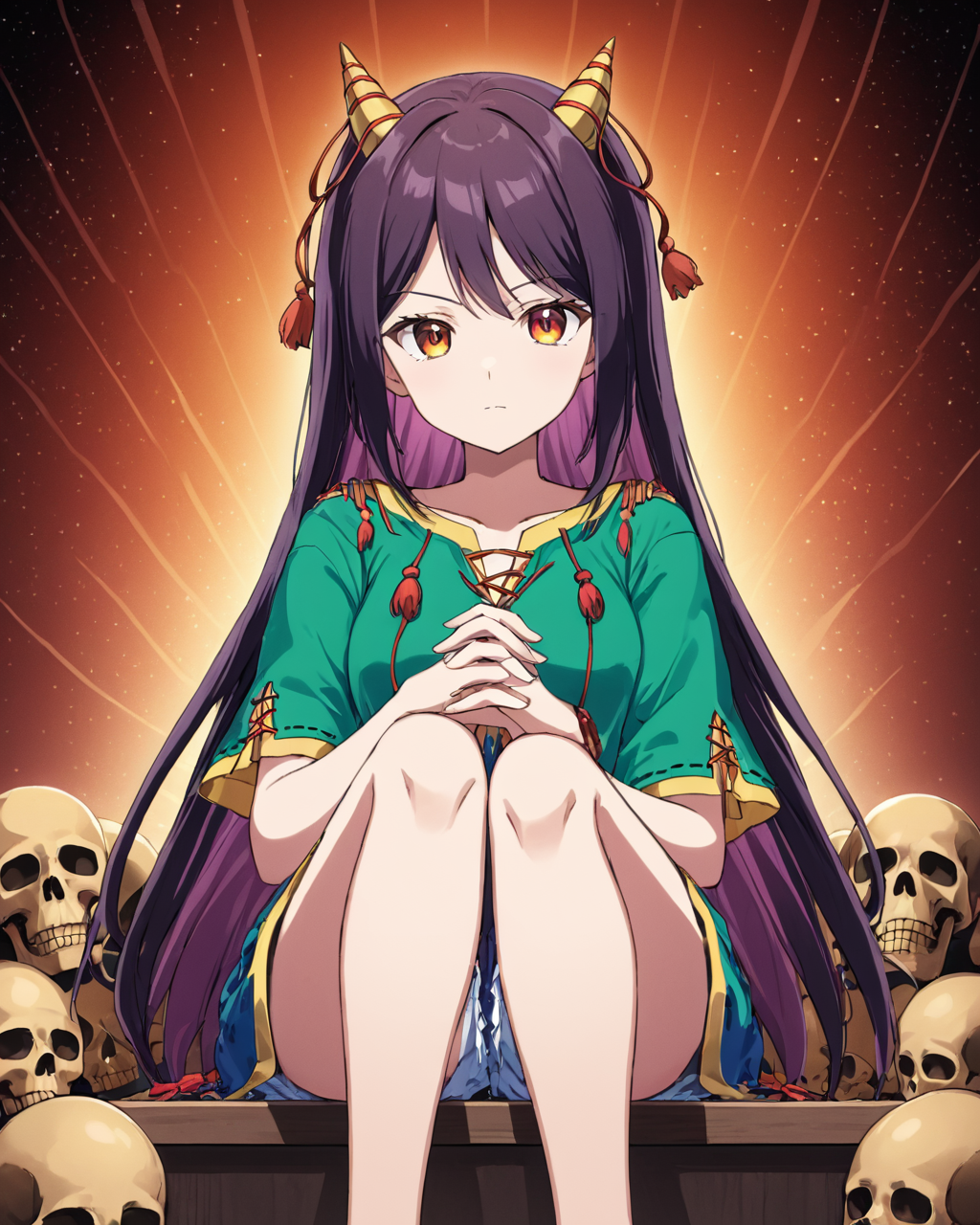 nippaku zanmu,1girl, solo, horns, skull, sitting, looking_at_viewer
<lora:nippaku_zanmu_image235_2023-12-20:1>,star-shaped_pupils,symbol-shaped_pupils,. gorgeous,key visual, vibrant, studio anime,award-winning, professional, highly detailed,high budget, cinemascope